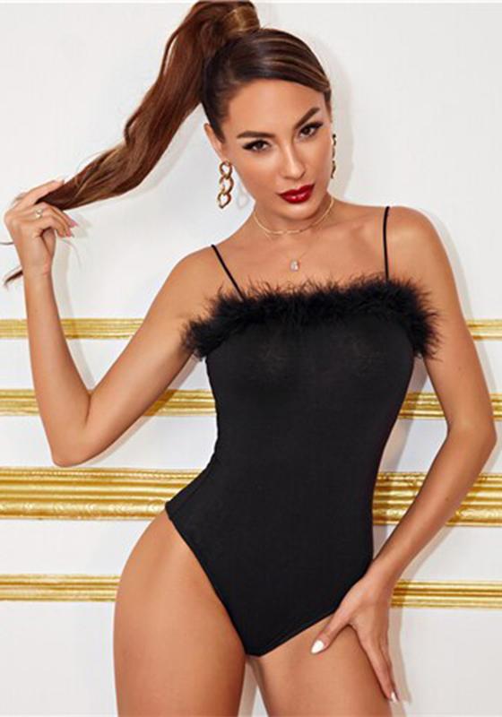 Faux Fur Detail Fitted Cami Bodysuit