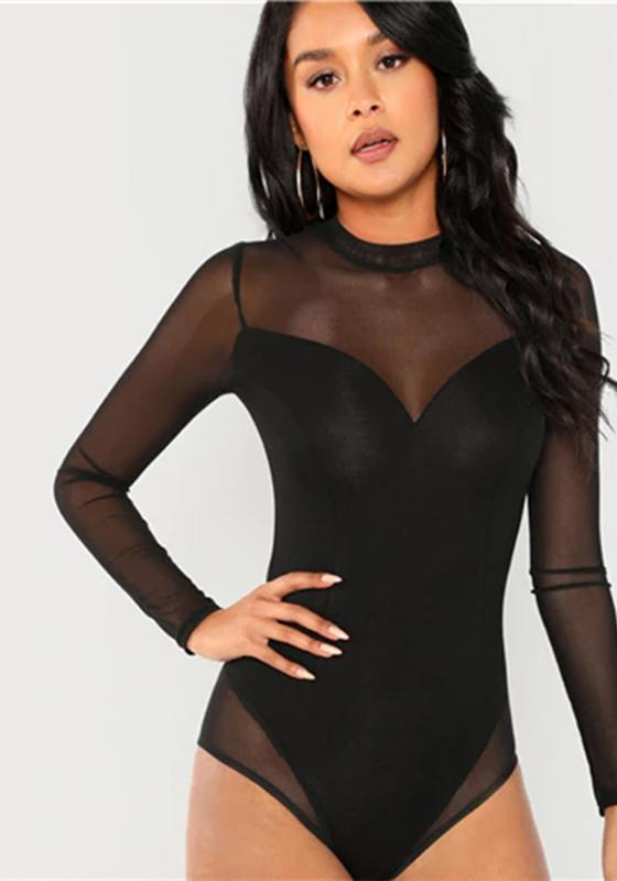 Solid Mock Neck Mesh Panel Bodysuit