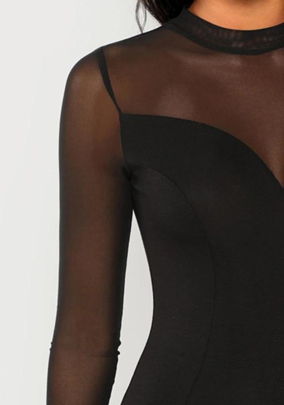 Solid Mock Neck Mesh Panel Bodysuit