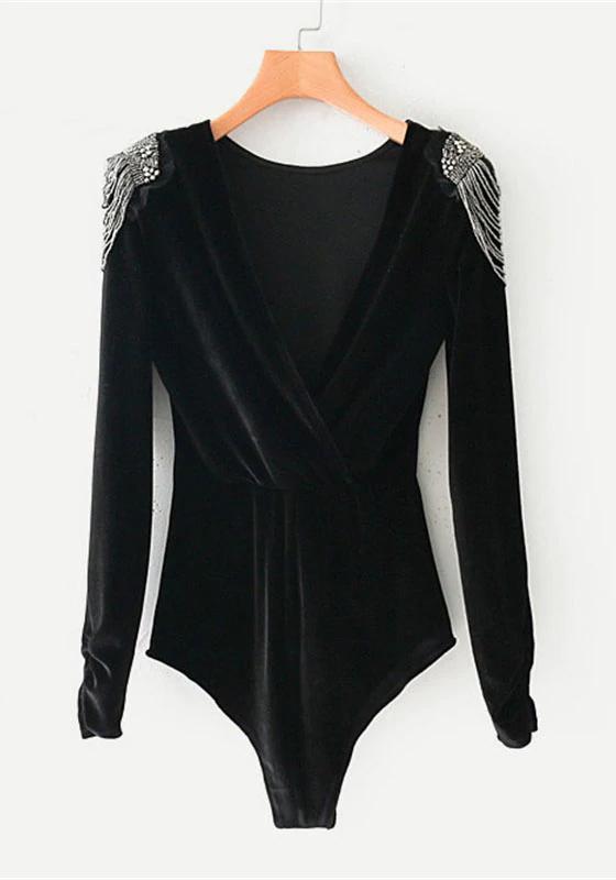 Solid V Neck Beading Shoulder Bodysuit