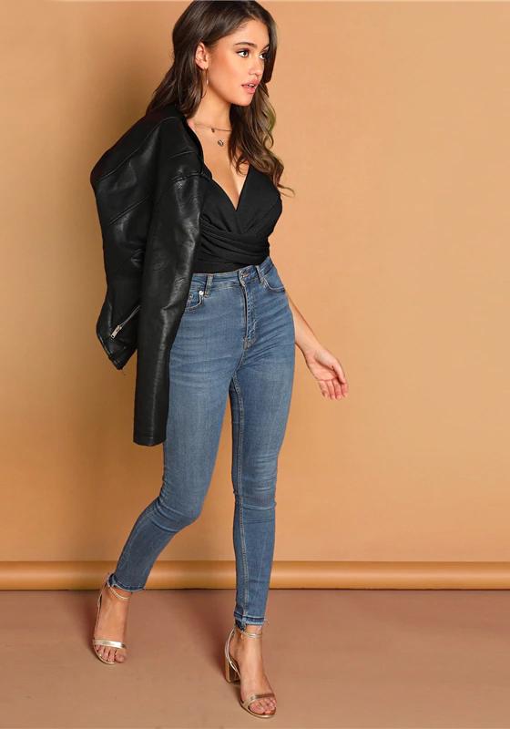 Black V Neck Criss Cross Wrap Bodysuit