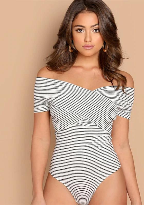 Black and White Striped V Neck Bodysuit