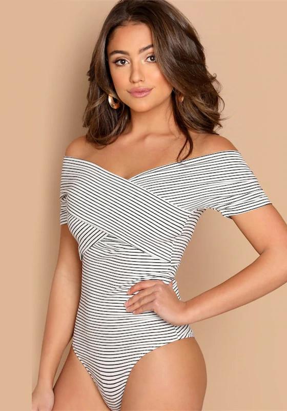 Black and White Striped V Neck Bodysuit