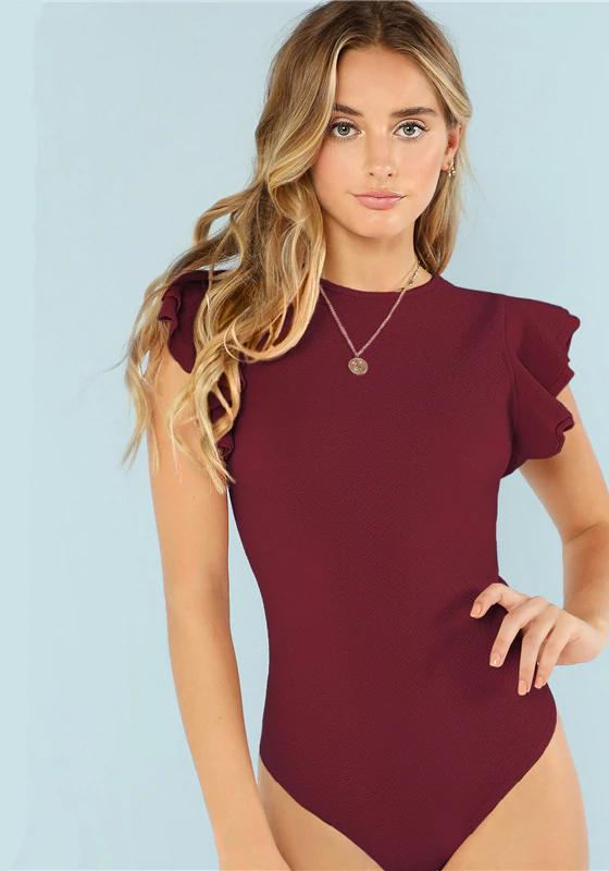 Burgundy Layered Ruffle Detail Bodysuit