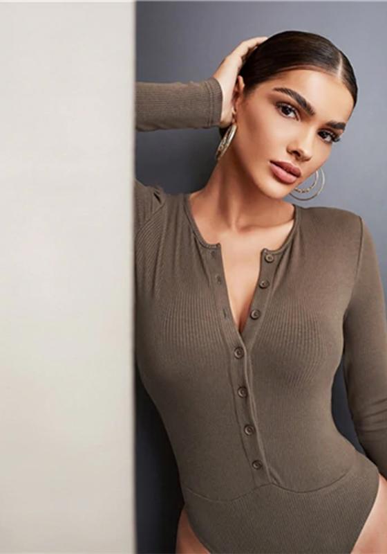 Mocha Brown Button Front Rib-knit Bodysuit