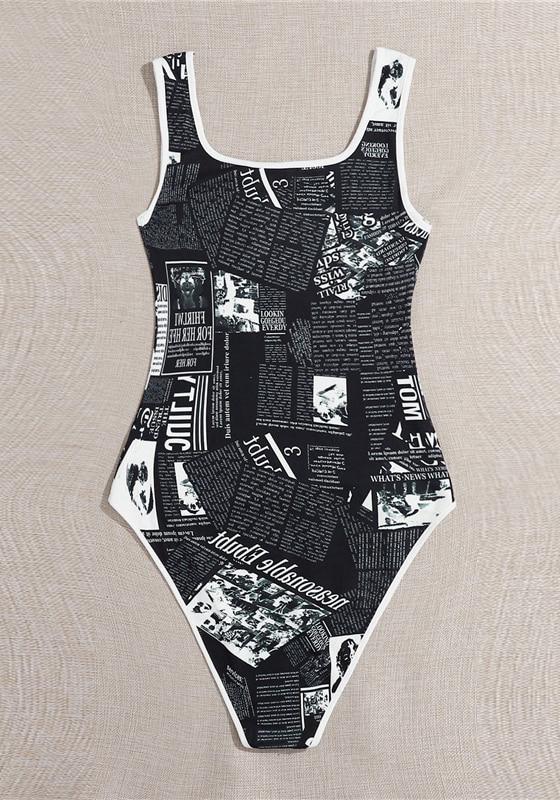 Newspaper Print Contrast Binding Bodysuit