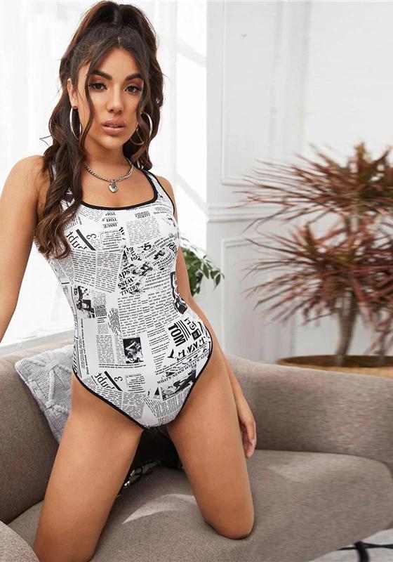 Newspaper Print Contrast Binding Bodysuit