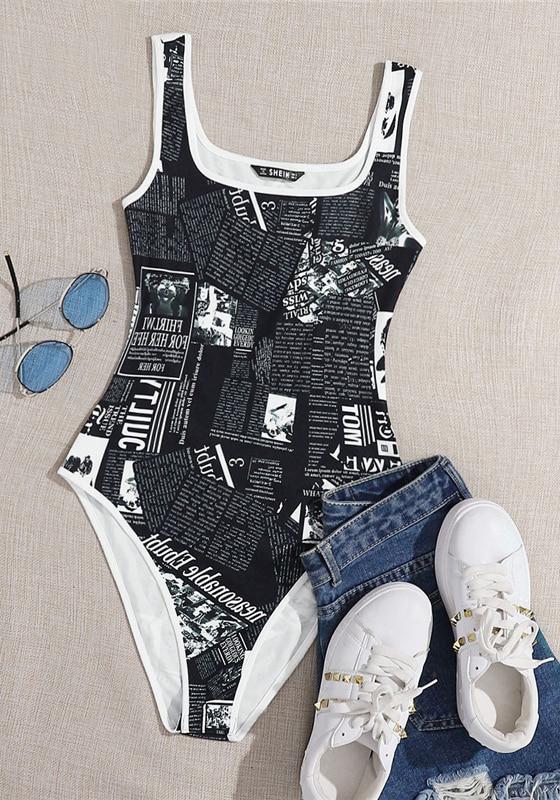 Newspaper Print Contrast Binding Bodysuit