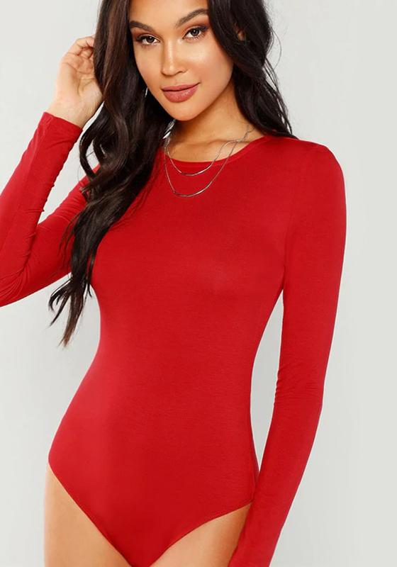 Red Solid Long Sleeve Bodysuit
