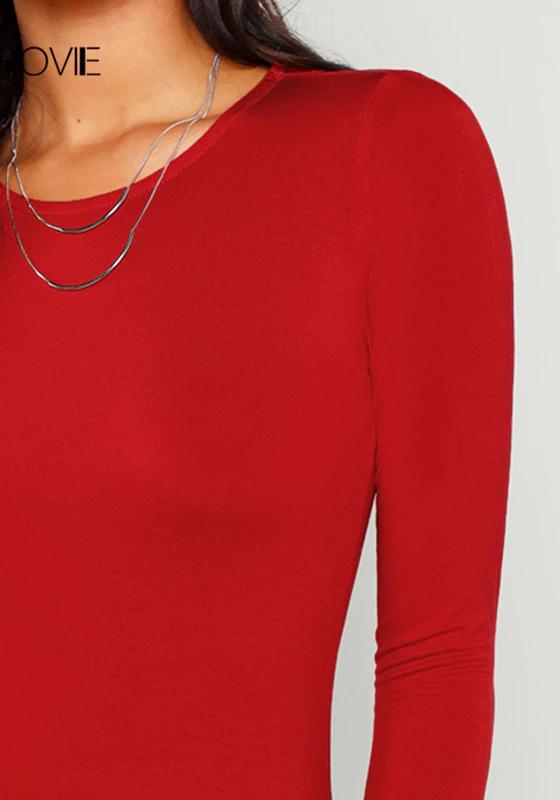 Red Solid Long Sleeve Bodysuit