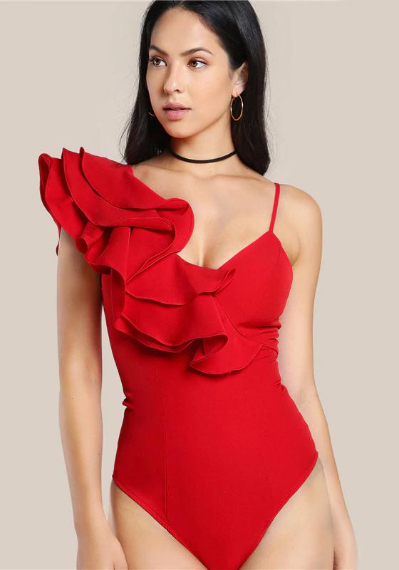 Ruffle One Shoulder Slip Bodysuit