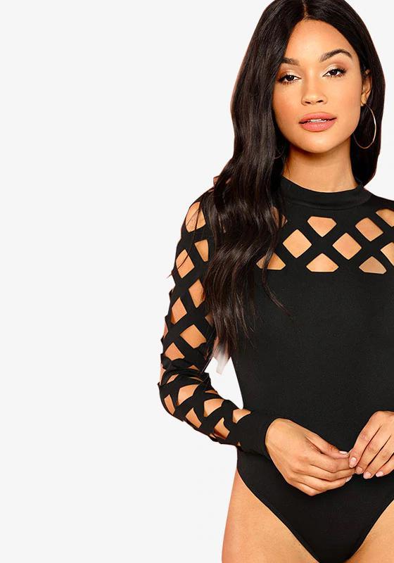 Mock Neck Geo Cut Out Bodysuit