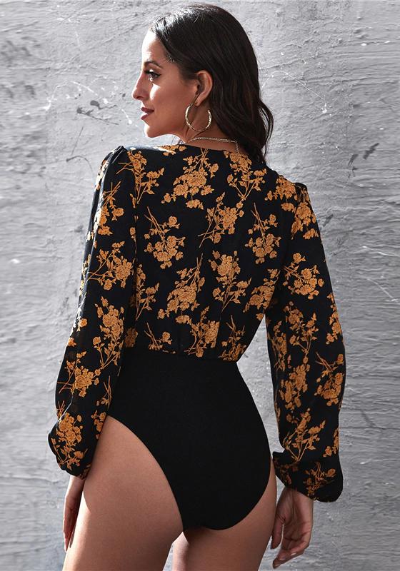 Floral Surplice Neck Lantern Sleeve Bodysuit