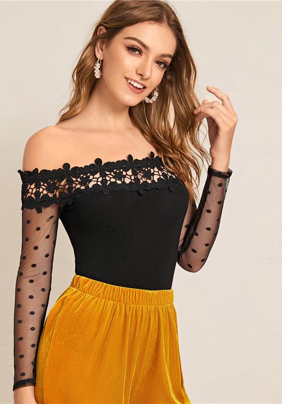 Off The Shoulder Contrast Lace Bodysuit