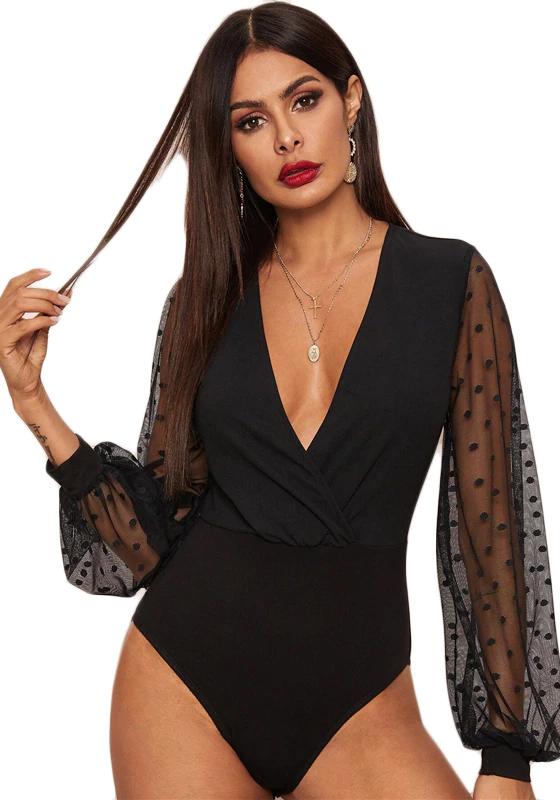 Plunging Neck Dobby Mesh Bodysuit