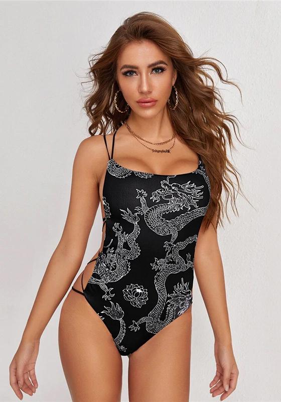 Dragon Print Criss Cross Backless Bodysuit