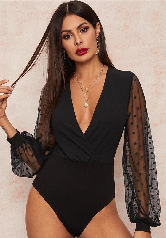 Plunging Neck Dobby Mesh Bodysuit