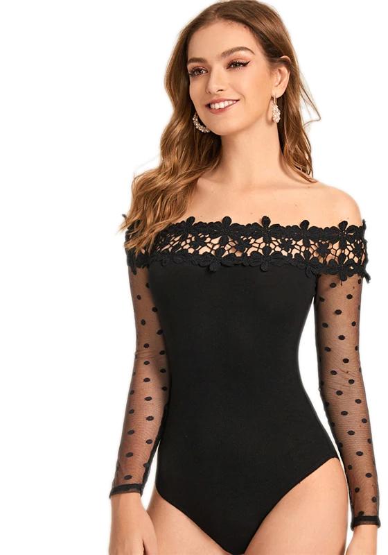 Off The Shoulder Contrast Lace Bodysuit