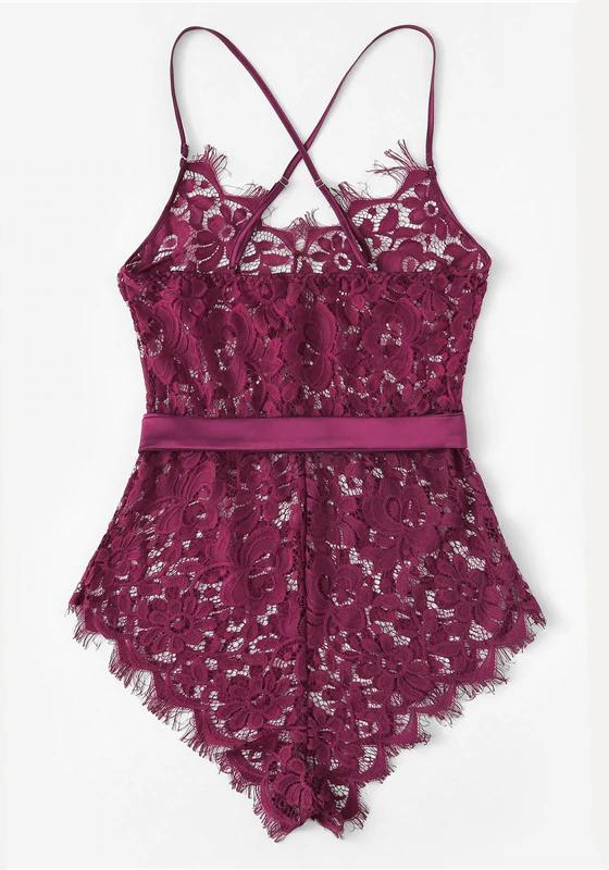 Eyelash Ribbon Belted Lace Bodysuit