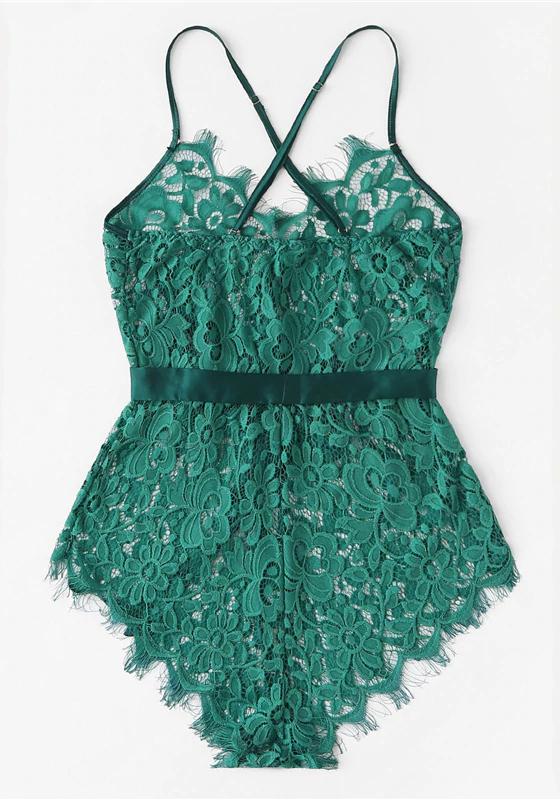 Eyelash Ribbon Belted Lace Bodysuit