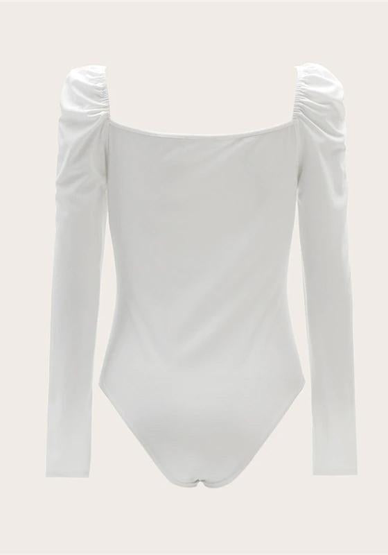 Solid Ruched Puff Sleeve Bodysuit