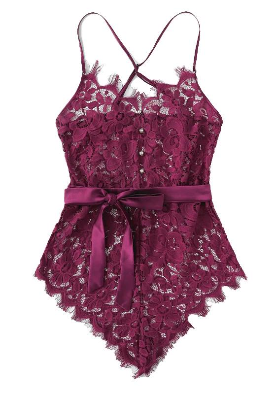 Eyelash Ribbon Belted Lace Bodysuit