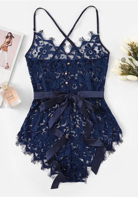 Eyelash Ribbon Belted Lace Bodysuit