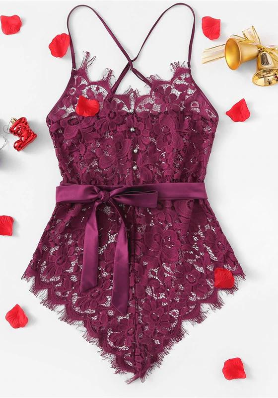 Eyelash Ribbon Belted Lace Bodysuit