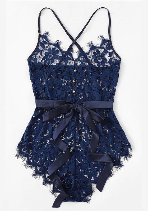 Eyelash Ribbon Belted Lace Bodysuit