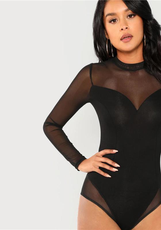 Elegant Mock Neck Mesh Panel Bodysuit