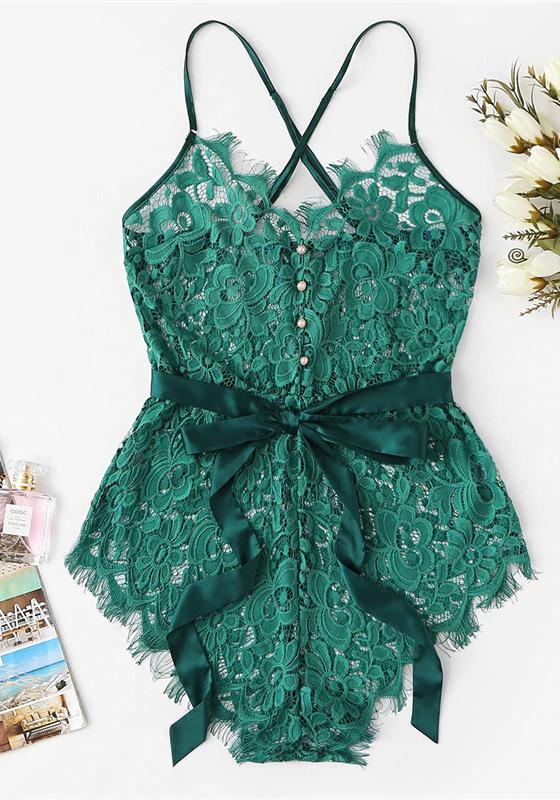 Eyelash Ribbon Belted Lace Bodysuit