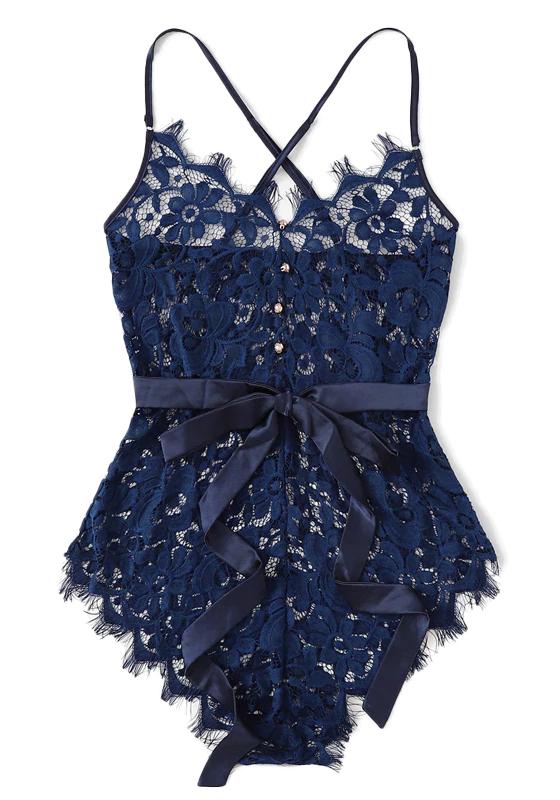 Eyelash Ribbon Belted Lace Bodysuit