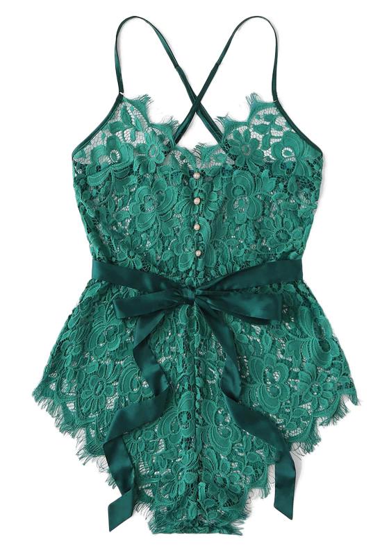 Eyelash Ribbon Belted Lace Bodysuit