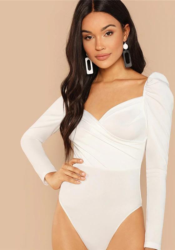 Solid Ruched Puff Sleeve Bodysuit