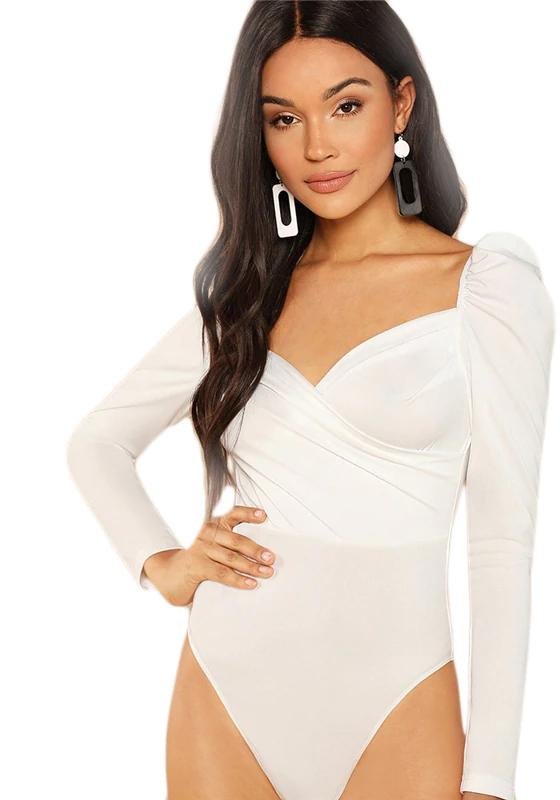 Solid Ruched Puff Sleeve Bodysuit