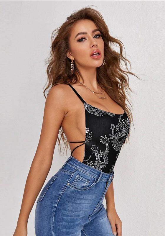 Dragon Print Criss Cross Backless Bodysuit