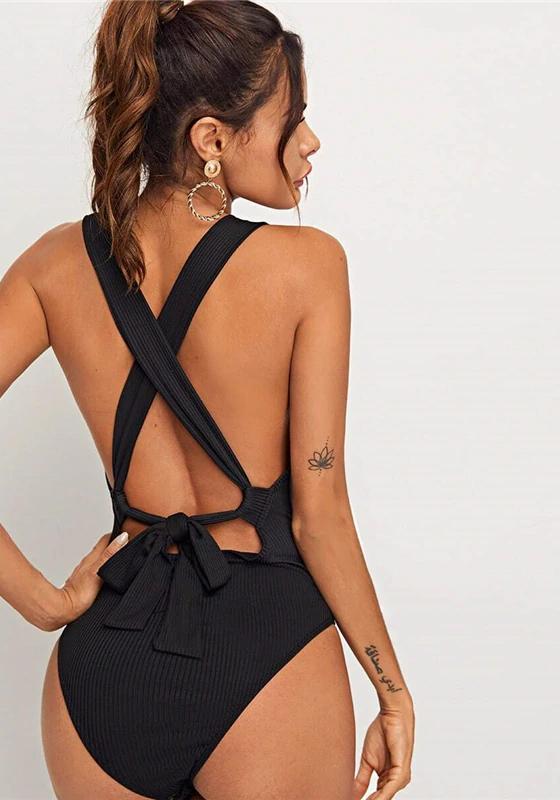 Black Tied Crisscross Open Back Bodysuit