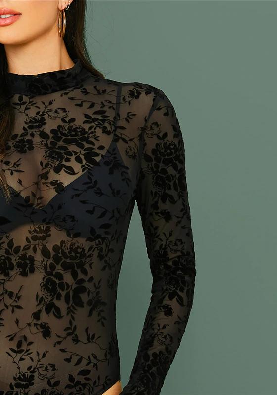 Floral Flocked Mesh Sheer Bodysuit