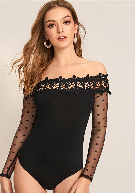 Off The Shoulder Contrast Lace Bodysuit