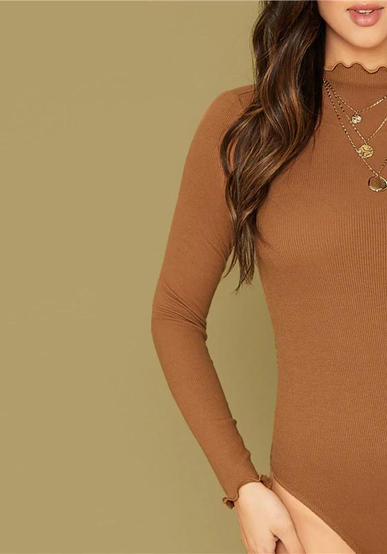 Camel Lettuce Edge Rib-knit Bodysuit