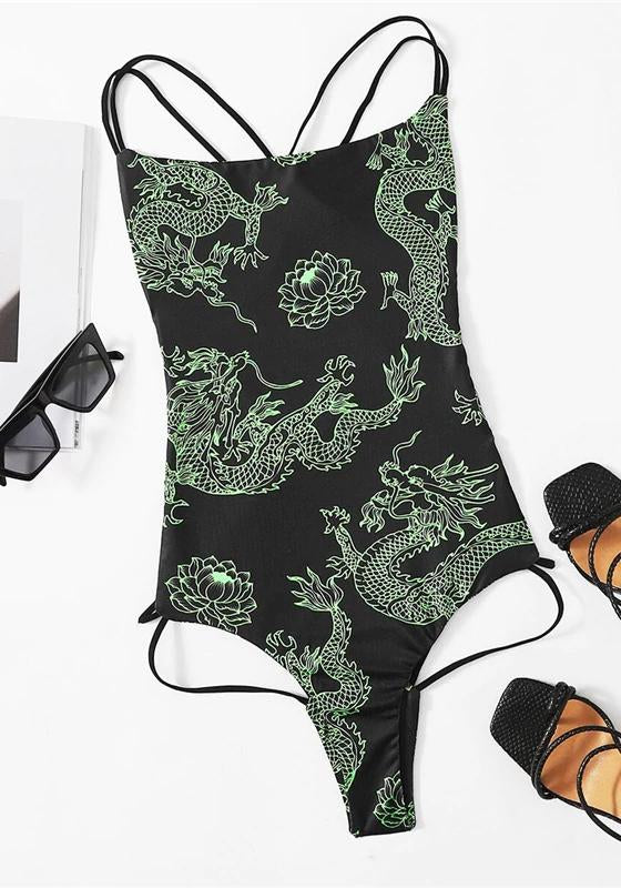 Dragon Print Criss Cross Backless Bodysuit