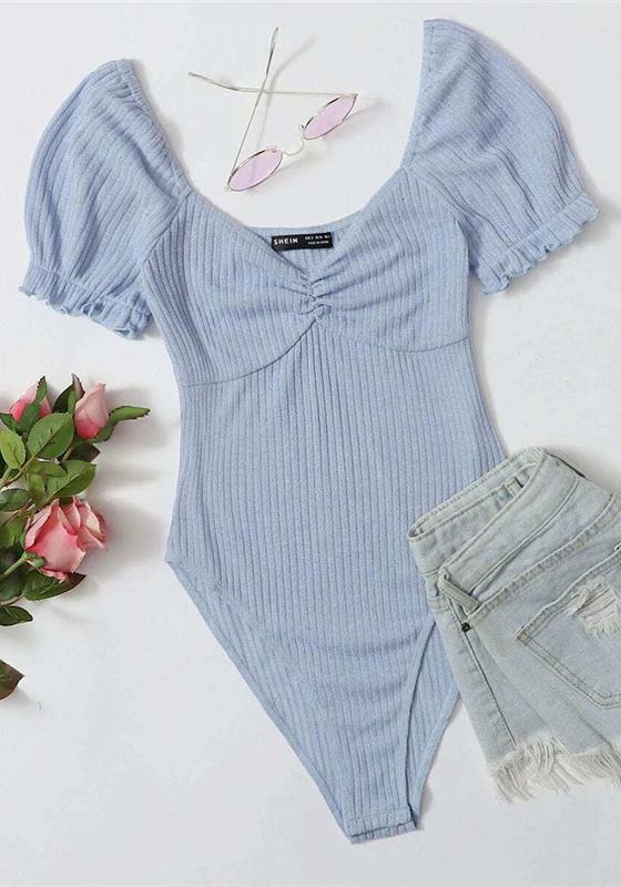 Frilled Puff Sleeve Ruched Bodysuit