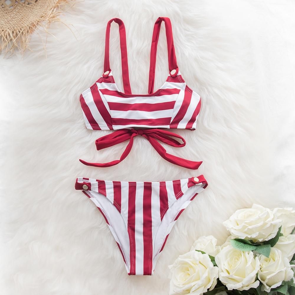 Red and White Stripe Low-Waisted Bikini Set