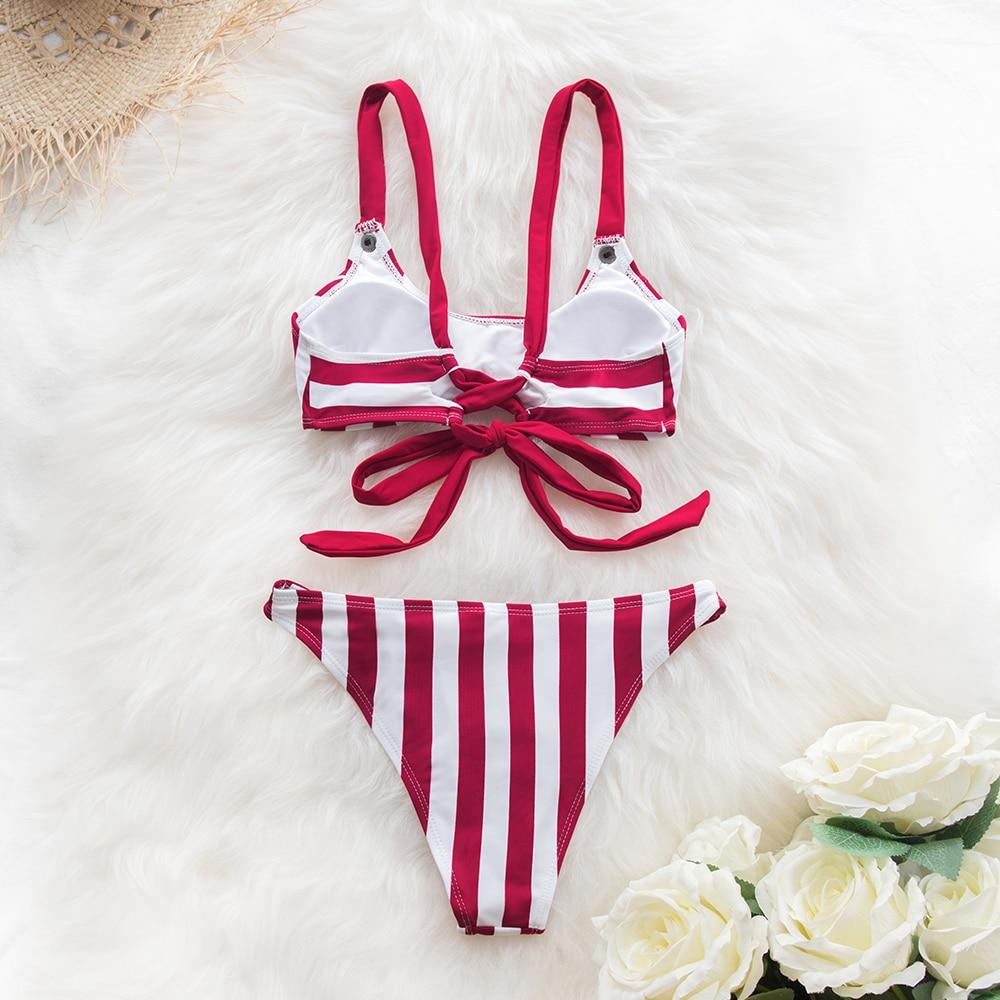 Red and White Stripe Low-Waisted Bikini Set