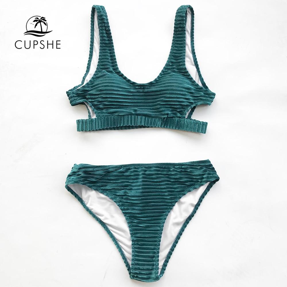 Green Emerald Velvet Solid Bikini Set