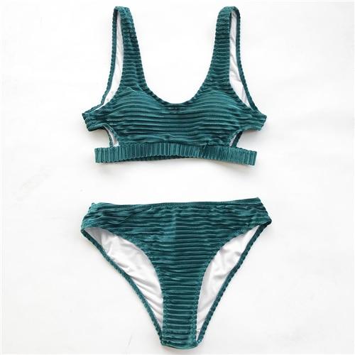 Green Emerald Velvet Solid Bikini Set