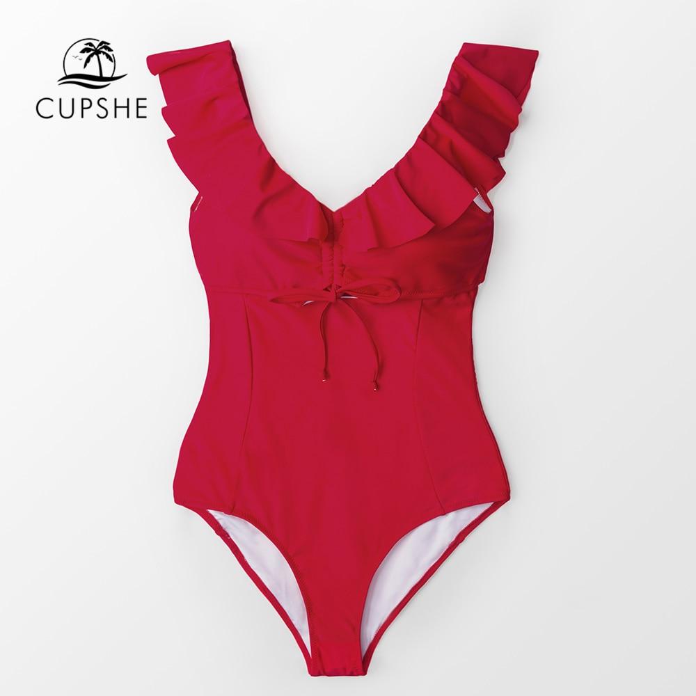 Red Ruffled One Piece Swimsuit