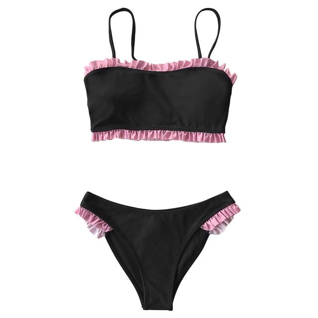 Black Red Ruffled Bandeau Bikini Set