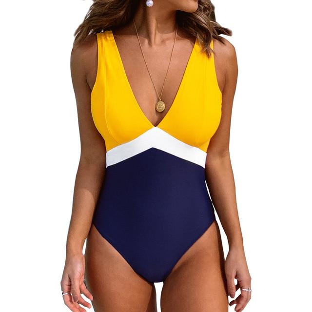 Yellow Blue Colorblocked Open Back One-Piece