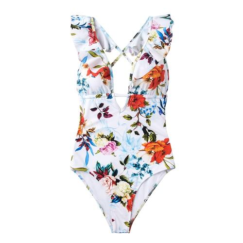 Floral Print Ruffled Deep V-neck One-Piece